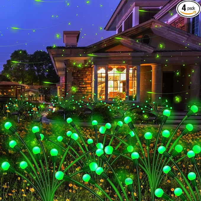 Kohlrabi Solar St Patricks Day Lights Outdoor, 4 Pack 32 LED Solar Green Firefly Lights Waterproof, Starburst Wind Swaying Light for Outside Yard Patio Planter Flower Bed Walkway Christmas Decoration