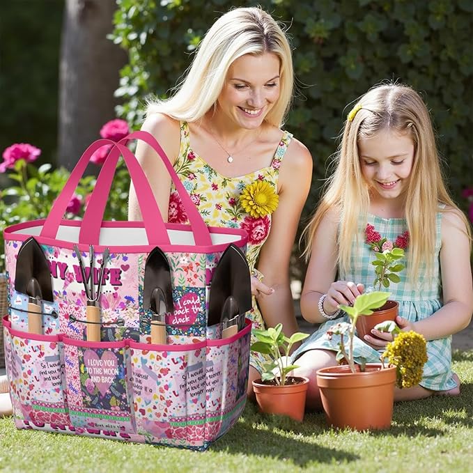 Boho Garden Tool Bag - Waterproof Floral Garden Tote with 8 Pockets, Large Storage Home Organizer Gardening Tool Oxford Bag for Garden Tools Kits Holder, Ideal Outdoor Gardening Gift for Women & Men