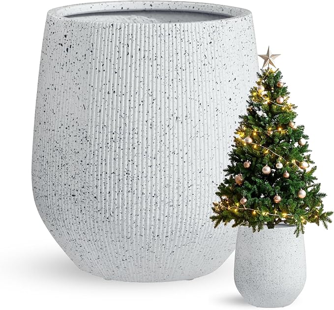 21" H x 19" D Ribbed Corso Fiberstone Round Planter - Christmas Tree Planter, Weather Resistant for Indoor & Outdoor Use, Included 2 Extra Coco Mats (Ribbed Speckled White, 15" Pot Opening)