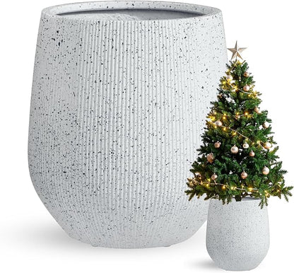 21" H x 19" D Ribbed Corso Fiberstone Round Planter - Christmas Tree Planter, Weather Resistant for Indoor & Outdoor Use, Included 2 Extra Coco Mats (Ribbed Speckled White, 15" Pot Opening)