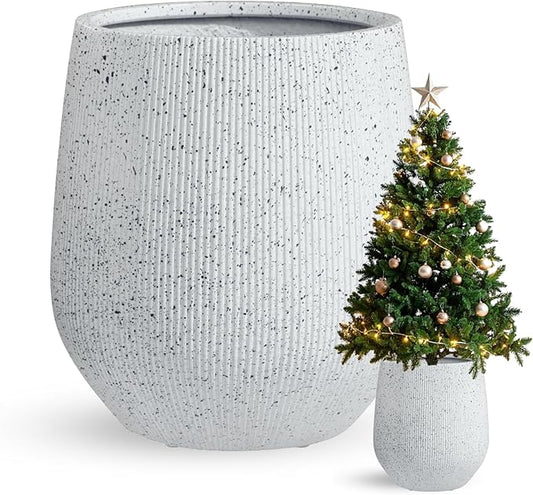 21" H x 19" D Ribbed Corso Fiberstone Round Planter - Christmas Tree Planter, Weather Resistant for Indoor & Outdoor Use, Included 2 Extra Coco Mats (Ribbed Speckled White, 15" Pot Opening)