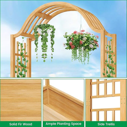 DoCred Raised Garden Bed with Trellis, Freestanding Wood Planter Box with Hanging Roof, Side Trellis Above Ground Elevated Garden Bed Outdoor Planter with Arch Trellis for Climbing Plants Vines Patio