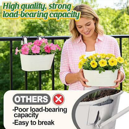 MADHOLLY Railing Planter with Drainage Holes - Sturdy Bucket Pots for Railing Fence, Countryside Style Metal Flower Pots for Herbs Balcony Garden Yard Decor, 4Pcs, White