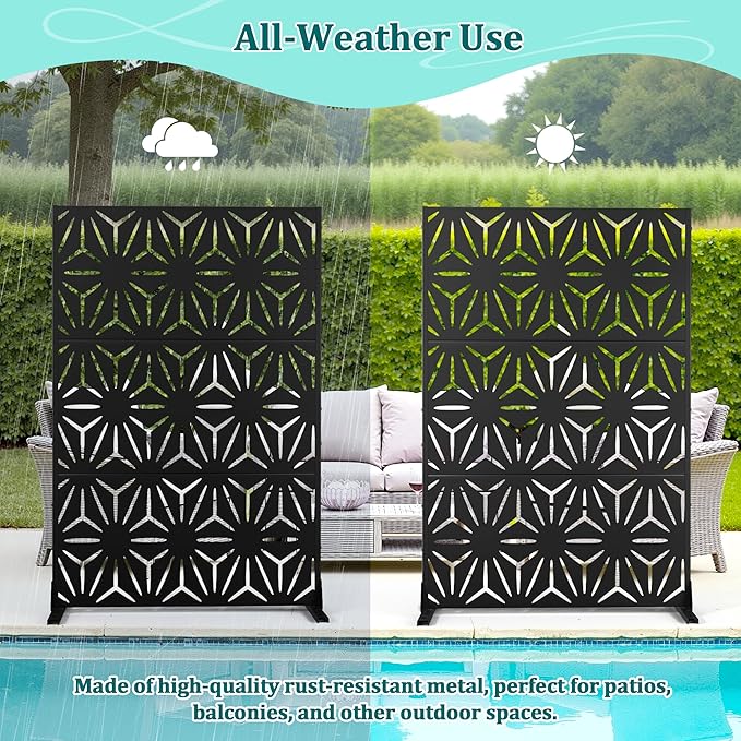 Metal Privacy Screen Outdoor Privacy Screen, Freestanding Fence Panel for Outside, 72''H×47''W, Decorative Screen Panel for Backyard/Patio/Deck