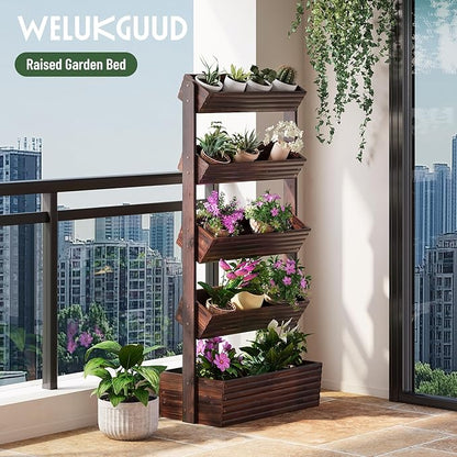 Vertical Wooden Raised Garden Bed, Garden Planters Freestanding Wood Plant Stand Flower Rack Wooden Planter Box for Plants Herbs Flowers Vegetables Outdoor Indoor Gardening (5-Tier Carbonized)