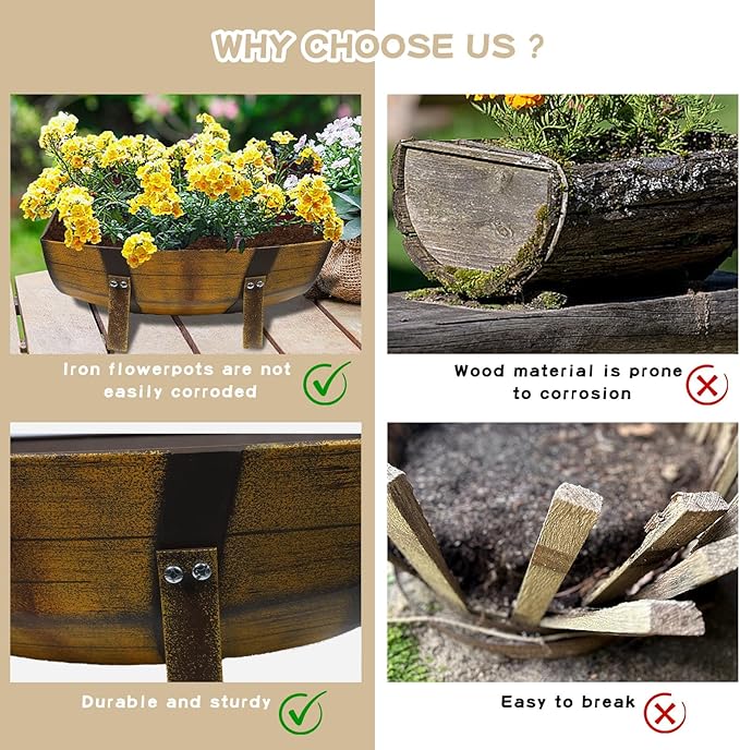 Aoutrow 15.43In 2 Pack Rustic Barrel Planters, Decorative Outdoor Garden Backyard Planter with Legs, Metal Flower Pot Half Barrel Planter Box, Brown