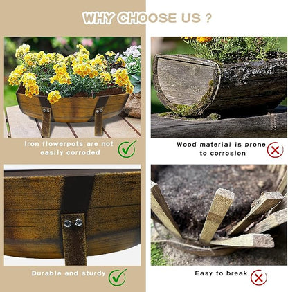 Aoutrow 15.43In 2 Pack Rustic Barrel Planters, Decorative Outdoor Garden Backyard Planter with Legs, Metal Flower Pot Half Barrel Planter Box, Brown