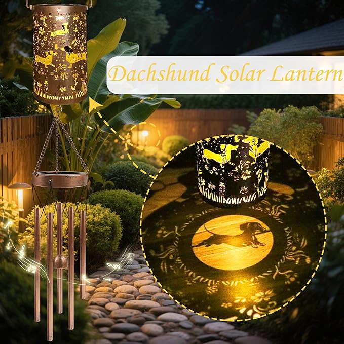 Dachshund Solar Wind Chimes for Outside, Dachshund Gifts Solar Lantern Wind Chimes, Garden Decorative Hanging Lights for Patio Porch Yard Lawn Decor