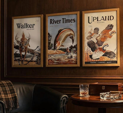 3Pcs Framed Retro Hunting Canvas Wall Art Outdoorsy Wild Animal Wall Decor Pictures Nature Wilderness Deer Wild Duck Fishing Posters Prints Gift Send Hunter Dad for Living Room Bedroom Home Decoration