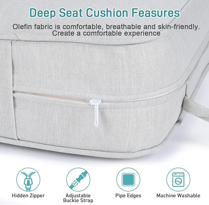 Aoodor Outdoor Chair Cushion, 24 x 24 Inch Water-Resistant, Fade-Resistant Olefin Fabric Patio Seat Cushions with Removable Cover and Adjustable Straps for Outdoor Furniture, Set of 2, Grey