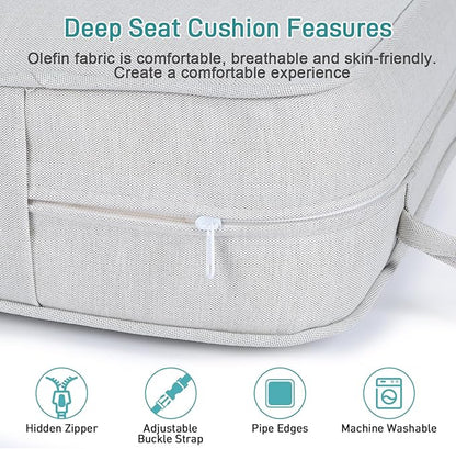 Aoodor Outdoor Chair Cushion, 24 x 24 Inch Water-Resistant, Fade-Resistant Olefin Fabric Patio Seat Cushions with Removable Cover and Adjustable Straps for Outdoor Furniture, Set of 2, Grey