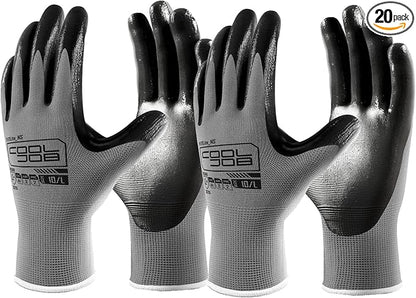 COOLJOB 20 Pairs Nitrile Dipped Safety Work Gloves with Grip, Non-slip Rubber Coated Bulk Garden Gloves for Men, Heavy-duty Oil Resistant for Truck Driver, Warehouse Box Handler, Medium, Gray
