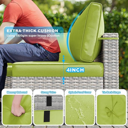 8-Piece Patio Furniture Set, Outdoor Patio Furniture with 55,000 BTU Fire Pit Table, Thick Cushions, Modular Patio Sofa, Dual-Strand Wicker Rattan, Rust-Resistant Frame, Grass Green