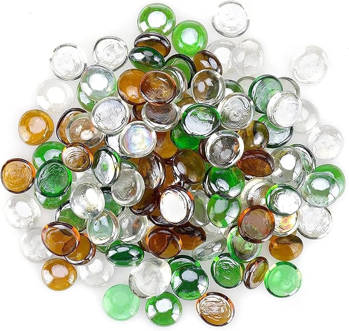 onlyfire 10 Pounds Fire Glass Beads for Propane Fire Pit and Gas Fireplace, 1/2 Inch Round Blended Firepit Glass Rocks Flat Marbles for Fire Pit Table, Emerald Green, Crystal Ice and Caramel Luster