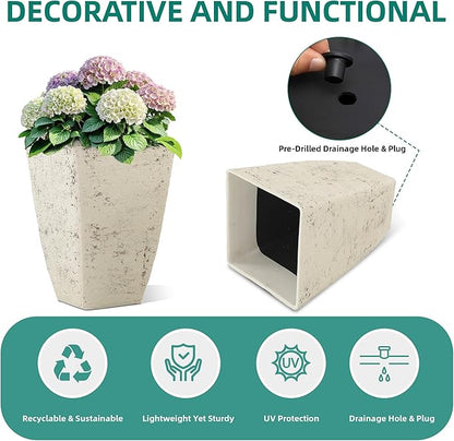 19" Plant Pots Tall Planters for Plants Outdoor Set of 2 Large Square Flower Pots Indoor Front Porch Decor Garden Pot with Drainage Hole Handmade Birch Bark Texture for Patio, Country White