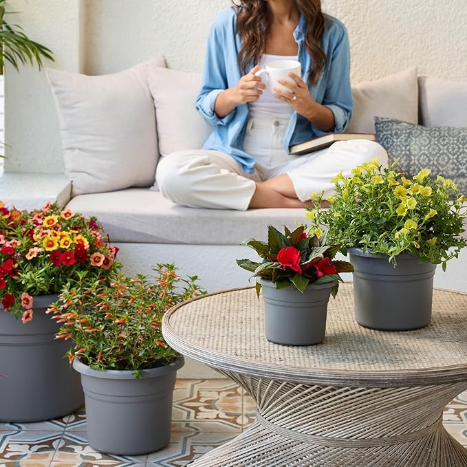 Bloem Posy 12" Charcoal Round Resin Planter Pot Indoor and Outdoor Gardening