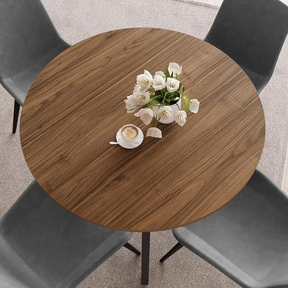 34.6'' Dining Table and Chairs for 2, Mid Century Modern Round Table Set, Space Saving for Apartment Kitchen Dining Room (Walnut Table+2 Grey Chairs)
