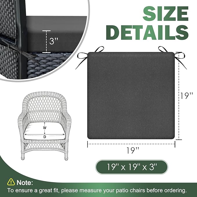 Outdoor Chair Cushions set of 4, 19x19x3 Inch Waterproof & Fade Resistant Patio Furniture Seat Cushions with Ties, Square Outdoor Dining Chair Cushions for Lawn, Garden, Deck & Yard, Dark Grey