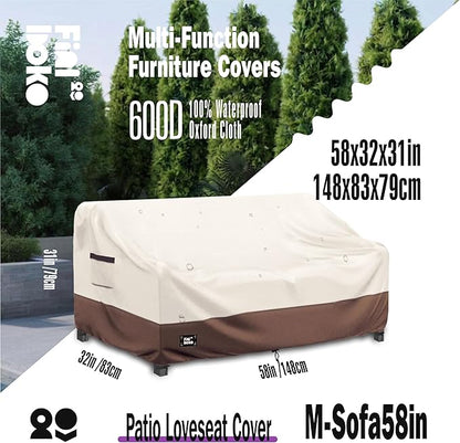 2-Seater Outdoor Couch Cover,58" Wx32 Dx31 H Patio Loveseat Cover,100% Waterproof Heavy Duty Patio Sofa Covers,Patio Furniture Covers,Beige&Brown