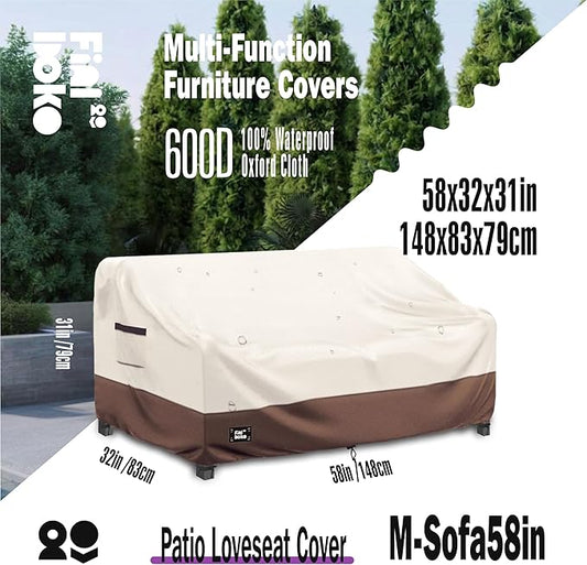 2-Seater Outdoor Couch Cover,58" Wx32 Dx31 H Patio Loveseat Cover,100% Waterproof Heavy Duty Patio Sofa Covers,Patio Furniture Covers,Beige&Brown