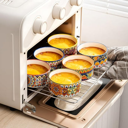 Henten Home Ceramic Ramekins Set Oven Safe, Colorful Souffle Ramekins Set of 6, Boho Baking Cups for Pudding, Cake, Ice Cream, Snack, Creme Brulee, Microwave & Dishwasher Safe (6 oz)