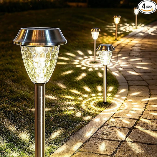 Solar Pathway Lights Outdoor 4 Pack, Glass & Metal Solar Lights with 10 Lumens Brightness, IP65 Waterproof, Warm White & RGB Modes, Decorative Solar Garden Lights for Yard, Walkway, Driveway