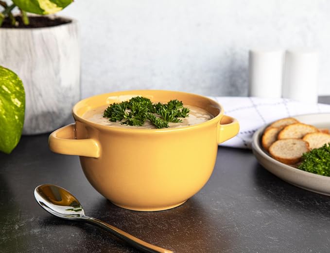 KooK French Onion Soup Bowls, Crocks, Oven Safe Bowls, Soup Mugs, Ceramic Bowls, Dishwasher, Microwave, Set of 4, 18 oz (Yellow)