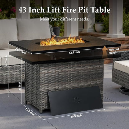 Patio Furniture Set with 42.5" Fire Pit Table-6 Pieces All Weather Wicker Outdoor Furniture with High Back Swivel Patio Chairs Set of 2 Outdoor Couch for Deck Balcony Backyard Beige/Gray
