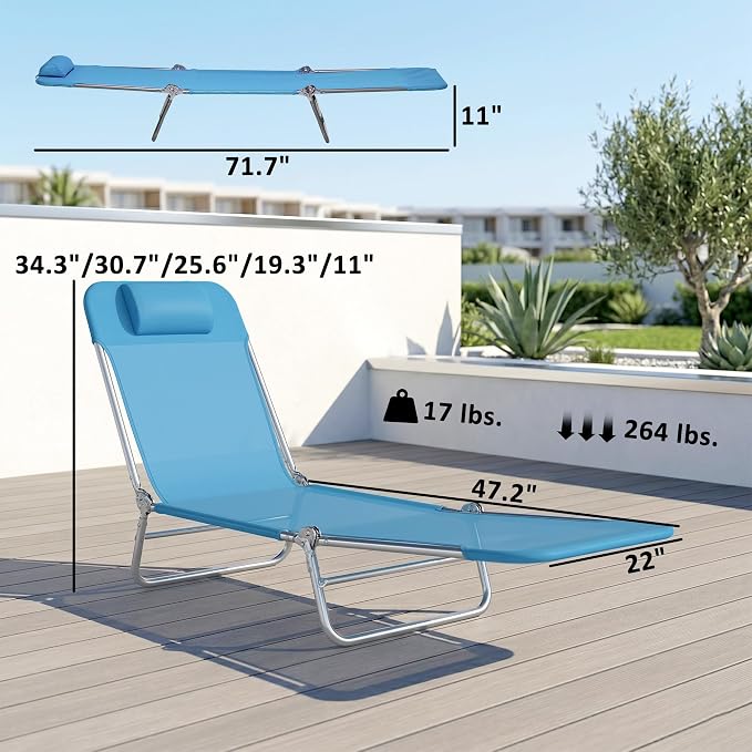 Outsunny 2 Piece Folding Chaise Lounge Chairs, Pool Sun Tanning Chairs with Reclining Back, Breathable Mesh Seat, Headrest for Beach, Yard, Patio, Blue