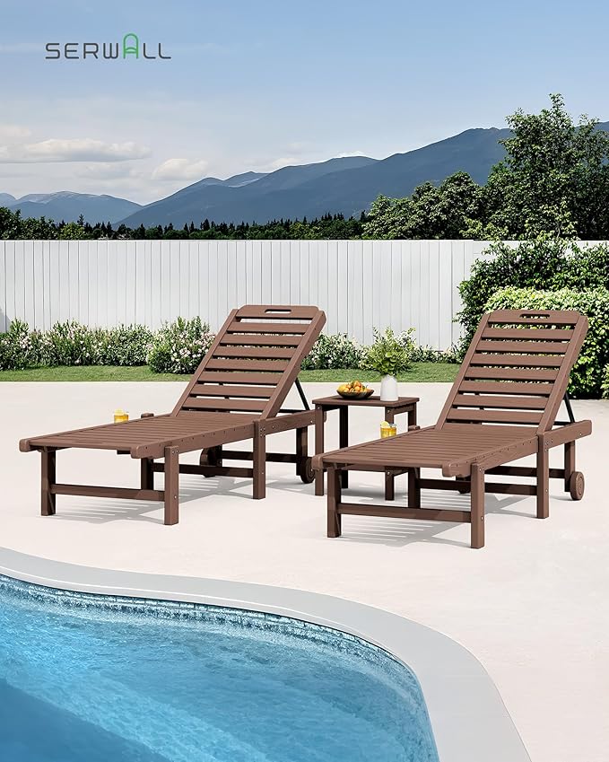 SERWALL Patio Chaise Lounge Set of 2, Outdoor Lounge Chair with 5 Positions Adjustable Backrest, HDPE Lounger with Rolling Wheels & Cup Holder for Poolside, Beach, Garden, Brown
