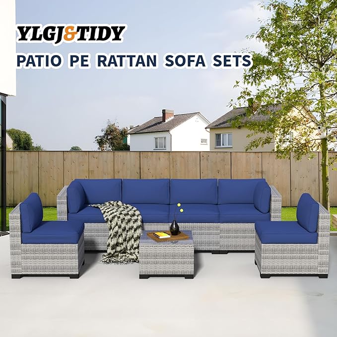7-Piece Outdoor Sectional Patio Furniture Set, All-Weather Wicker Rattan Sofa w/Thick Washable Cushions & Tempered Glass Table, Perfect for Garden, Poolside, Backyard (7, Graywhite&Navy Blue)