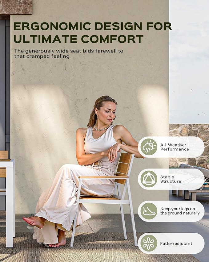 Outdoor Dining Chairs Set of 2, HDPS + Aluminum Patio Dining Chairs with Ergonomic Design and Wide Seat, 2 Piece Outdoor Chairs for Garden, Backyard, Deck (White-Teak)