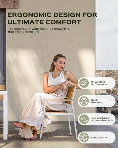Outdoor Dining Chairs Set of 2, HDPS + Aluminum Patio Dining Chairs with Ergonomic Design and Wide Seat, 2 Piece Outdoor Chairs for Garden, Backyard, Deck (White-Teak)