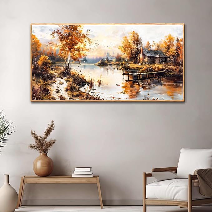 QIYILEXWART Canvas Wall Art For Living Room Large Wall Decor For Office Bedroom Decorations Lakeside Cabins Autumn Landscape Pictures Farmhouse Painting Artwork Room Wall Mural Home Decor 30x60 In