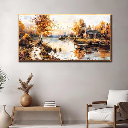 QIYILEXWART Canvas Wall Art For Living Room Large Wall Decor For Office Bedroom Decorations Lakeside Cabins Autumn Landscape Pictures Farmhouse Painting Artwork Room Wall Mural Home Decor 30x60 In