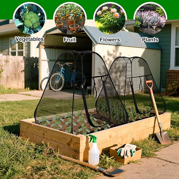 RGQSUN Pop-up Garden Netting Covers,28×28×32in Pest Guard Plant Covers with Zip Entry and Stakes,Fine Mesh Plant Tent Protect Vegetables Fruits from Animals Birds