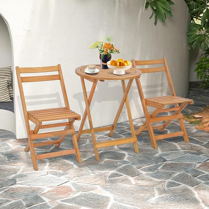 HAPPYGRILL Folding Patio Bistro Set Wood Chair Table Set with Slatted Acacia Wood Seat & Tabletop, Cozy High Back Chairs with Table, Outdoor Dining Set for Backyard, Poolside