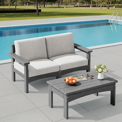 SERWALL 3 Pieces Patio Sofas, All-Weather Outdoor Couch Sectional Set, Patio Conversation Set with Cushions and Coffee Table for Balcony, Garden, Backyard, Poolside, Grey Frame with Khaki Cushion