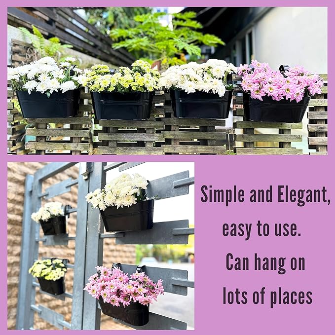 LaLaGreen Window Boxes Planters (5 Pack, 9.8 Inch) Small and Cute Black Metal Iron Hanging Flower Pots, Deck Railings Outdoor Fence Buckets Boho Style Wall Mount Plant Holder Hooks Porch Garden Decor