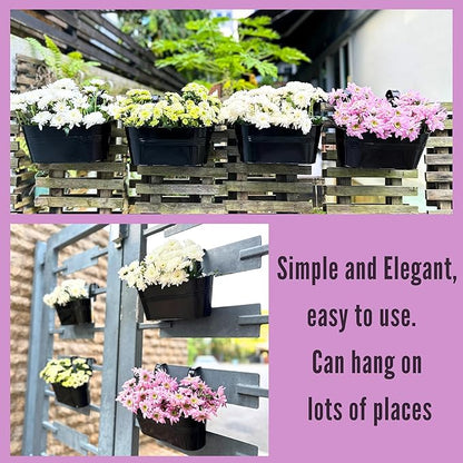 LaLaGreen Window Boxes Planters (5 Pack, 9.8 Inch) Small and Cute Black Metal Iron Hanging Flower Pots, Deck Railings Outdoor Fence Buckets Boho Style Wall Mount Plant Holder Hooks Porch Garden Decor