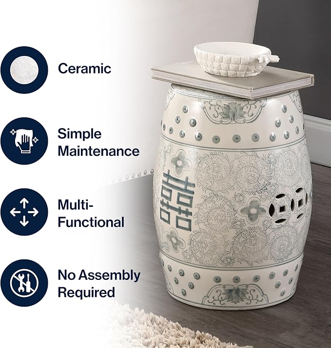 JONATHAN Y Double Happiness 18" Ceramic Garden Stool, Traditional Chinoiserie Dusty Teal and White Indoor/Outdoor Patio Drum Accent Side Table and Plant Stand TBL1013C