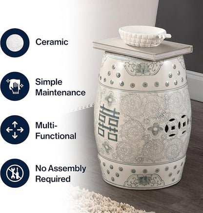 JONATHAN Y Double Happiness 18" Ceramic Garden Stool, Traditional Chinoiserie Dusty Teal and White Indoor/Outdoor Patio Drum Accent Side Table and Plant Stand TBL1013C
