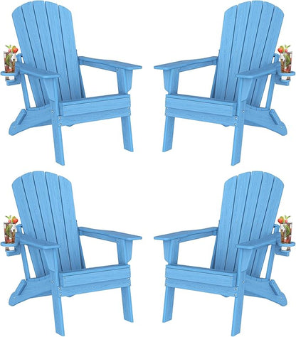Plawdlik Folding Adirondack Chair Set of 4 with Cup Holder, SGS Tested, HDPE Heavy All-Weather,Wooden Textured,Backyard Fire Pit, Light Blue