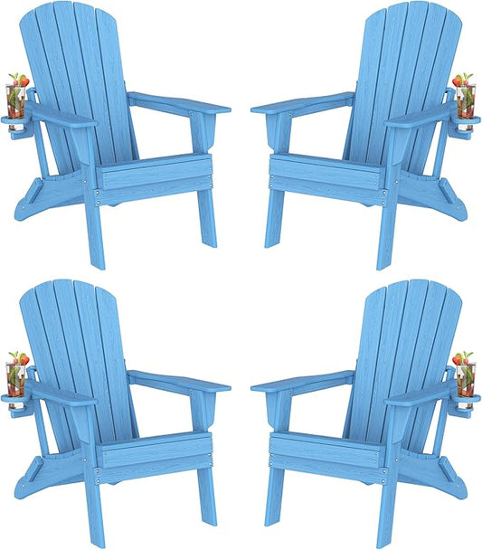 Plawdlik Folding Adirondack Chair Set of 4 with Cup Holder, SGS Tested, HDPE Heavy All-Weather,Wooden Textured,Backyard Fire Pit, Light Blue