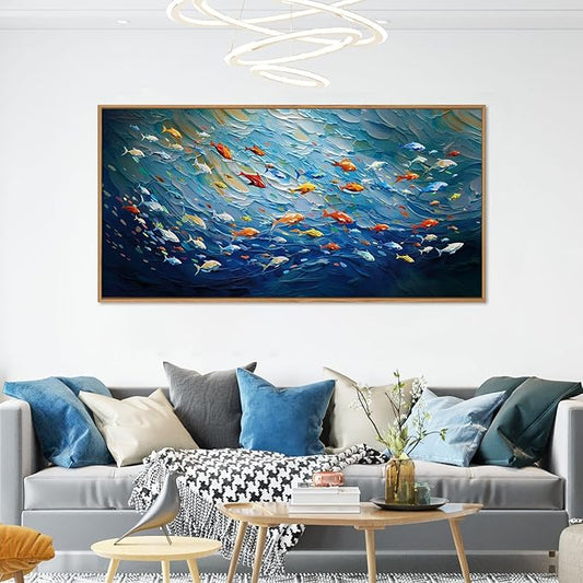 CHDITB Ocean Fish Framed Canvas Wall Art, 20"X40" Large Under The Sea Fishes Oil Painting, Modern Navy Blue Marine Fish Wall Decor, Colorful Fishes Artwork for Living Room Bedroom Office Home Decor