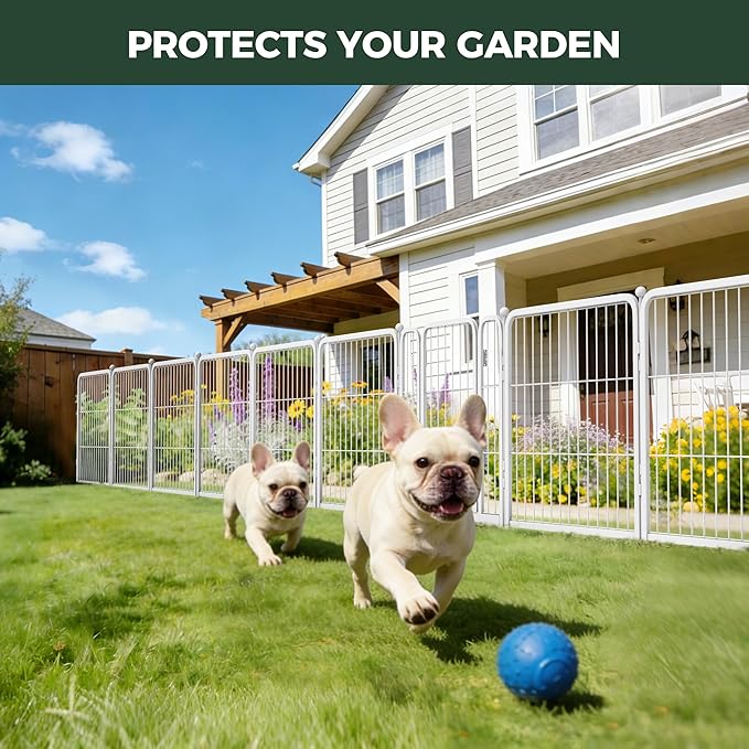 FXW Garden Fence Outdoor for the Yard – 24in(H) x 45.6ft(L) Heavy Duty Metal Animal Barrier for Dog, No Dig Decorative Dog Fence, 24 Panels, White