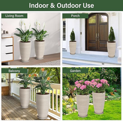 Neoaider Set of 2 Tall Planter, 21 inch Large Plastic Planter with Drain Hole & Saucers, Large Outdoor Planters for Porch, Garden, Patio, Balcony(Oat Color)