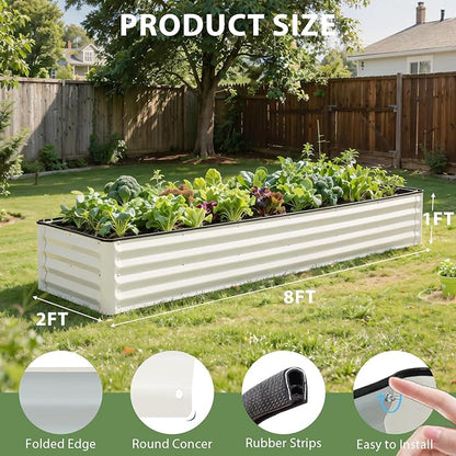 Galvanized Raised Garden Bed – 1 Pack 8x2x1 Ft Patented Leak-Proof Planter Box Outdoor Gardening Metal Raised Garden Beds Kits for Veggies, Herbs & Flowers (White)