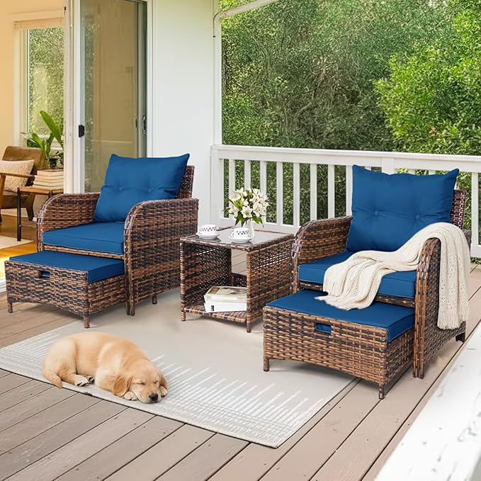 5 Pieces PE Wicker Outdoor Chairs with Ottomans, 5 PCS Rattan Patio Furniture Set with Ottoman, Patio Chairs with Ottomans for Porch Balcony Sunroom, Blue Cushion