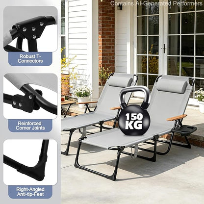 Beach Lounge Chairs with Armrests, 4-Position Folding Lounge Chairs for Outside, Sunbathing Portable Lounge Chaise, Tanning Chair Pillow & Cup Holder, for Outside Beach Pool (Grey)